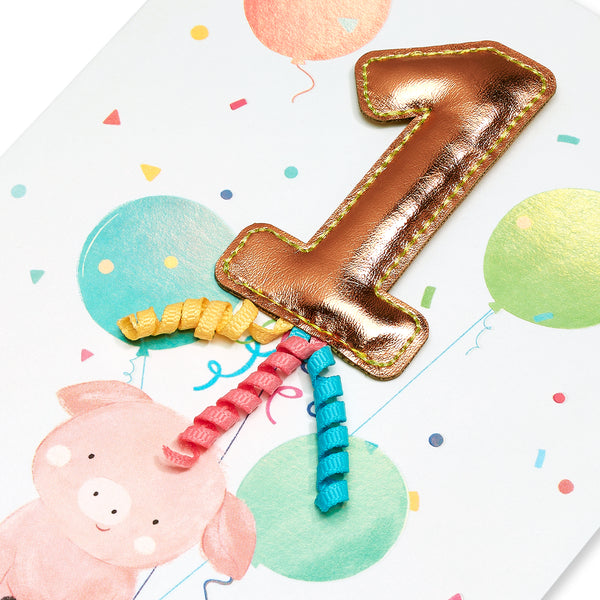 Age 1 Piggy With Balloon Birthday Card