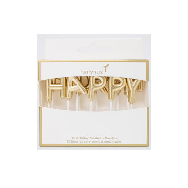 Gold Text “Happy Birthday” Toothpick Birthday Candles (Set of 13)
