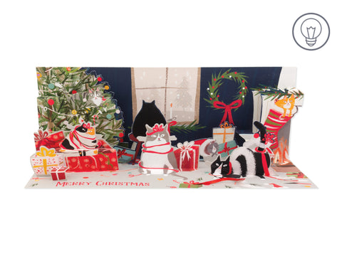 Pop-Up Playful Cats Panoramic Light-Up Christmas Card