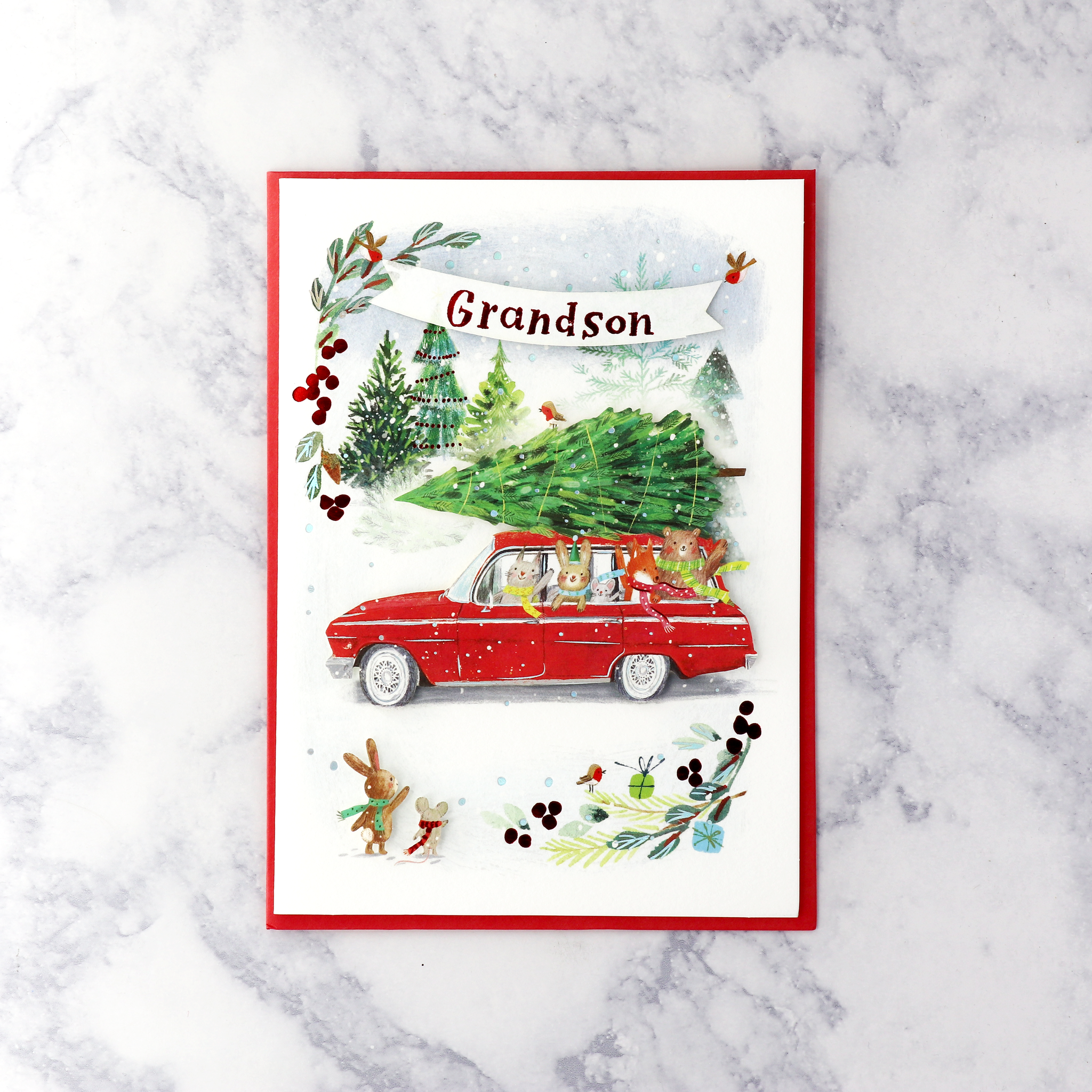 Critters In Car Christmas Card (Grandson)