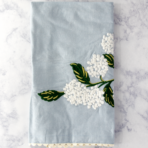 Embroidered Blue Hydrangea Mother's Day Tea Towel