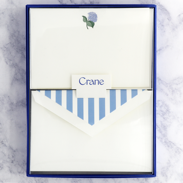 Engraved Blue Hydrangea on Pearl White Boxed Cards (Set of 25)