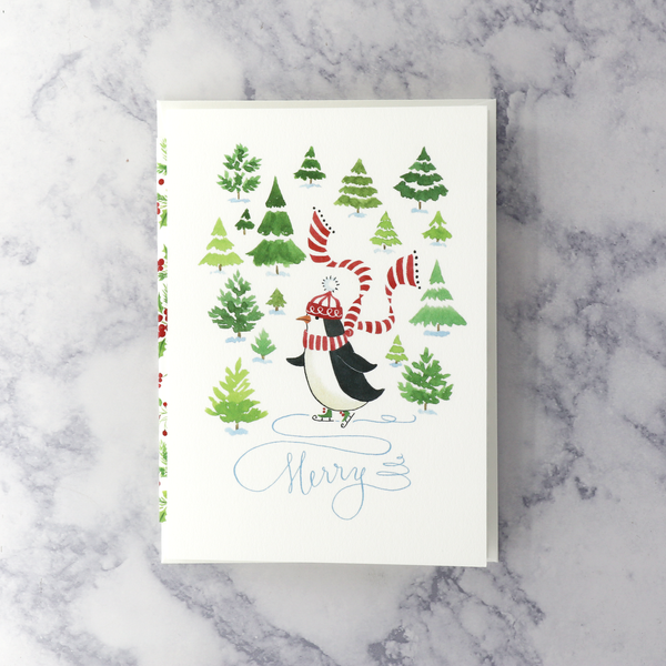 Festive Forest Penguin On Skates Christmas Card