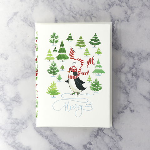 Festive Forest Penguin On Skates Christmas Card
