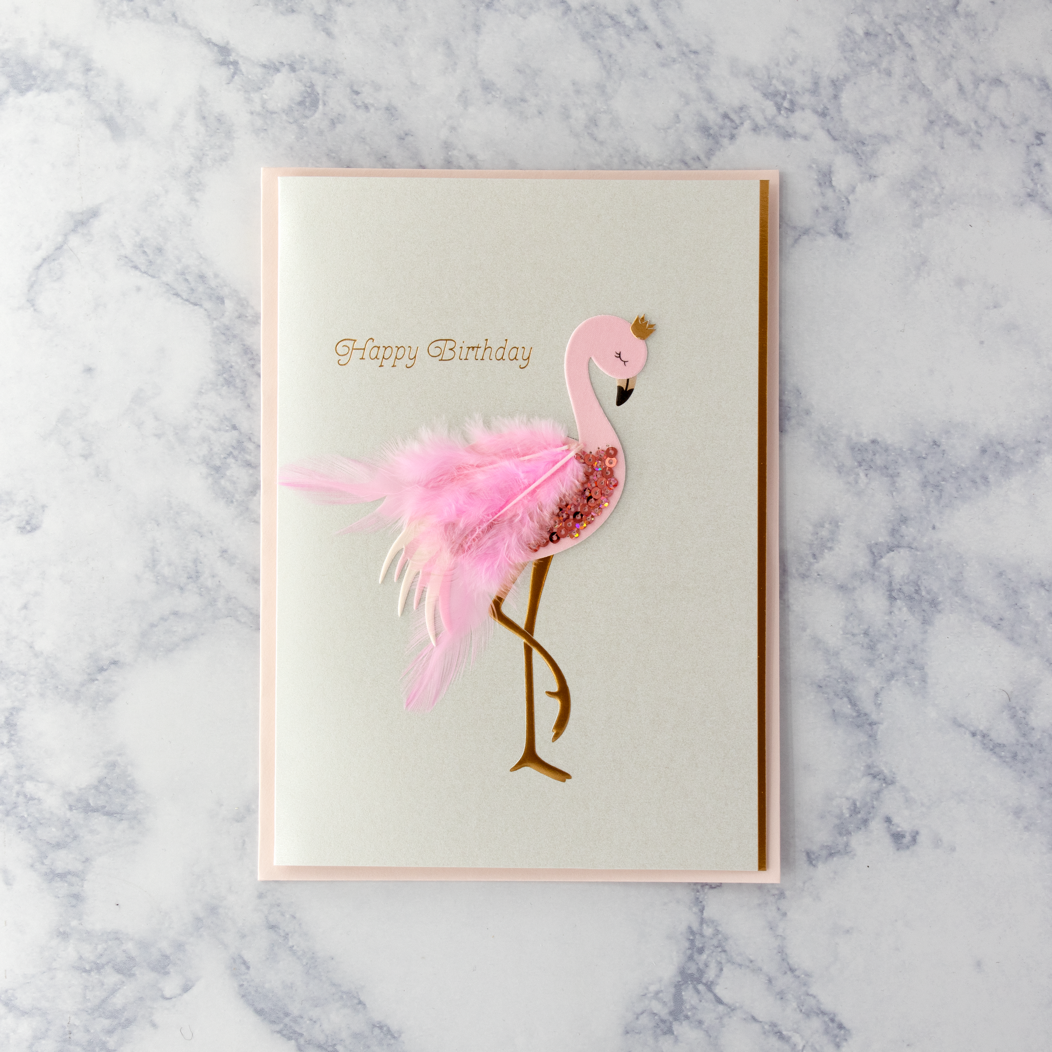 Flamingo Sequin With Feather Birthday Card