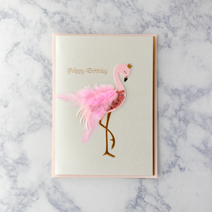 Flamingo Sequin With Feather Birthday Card