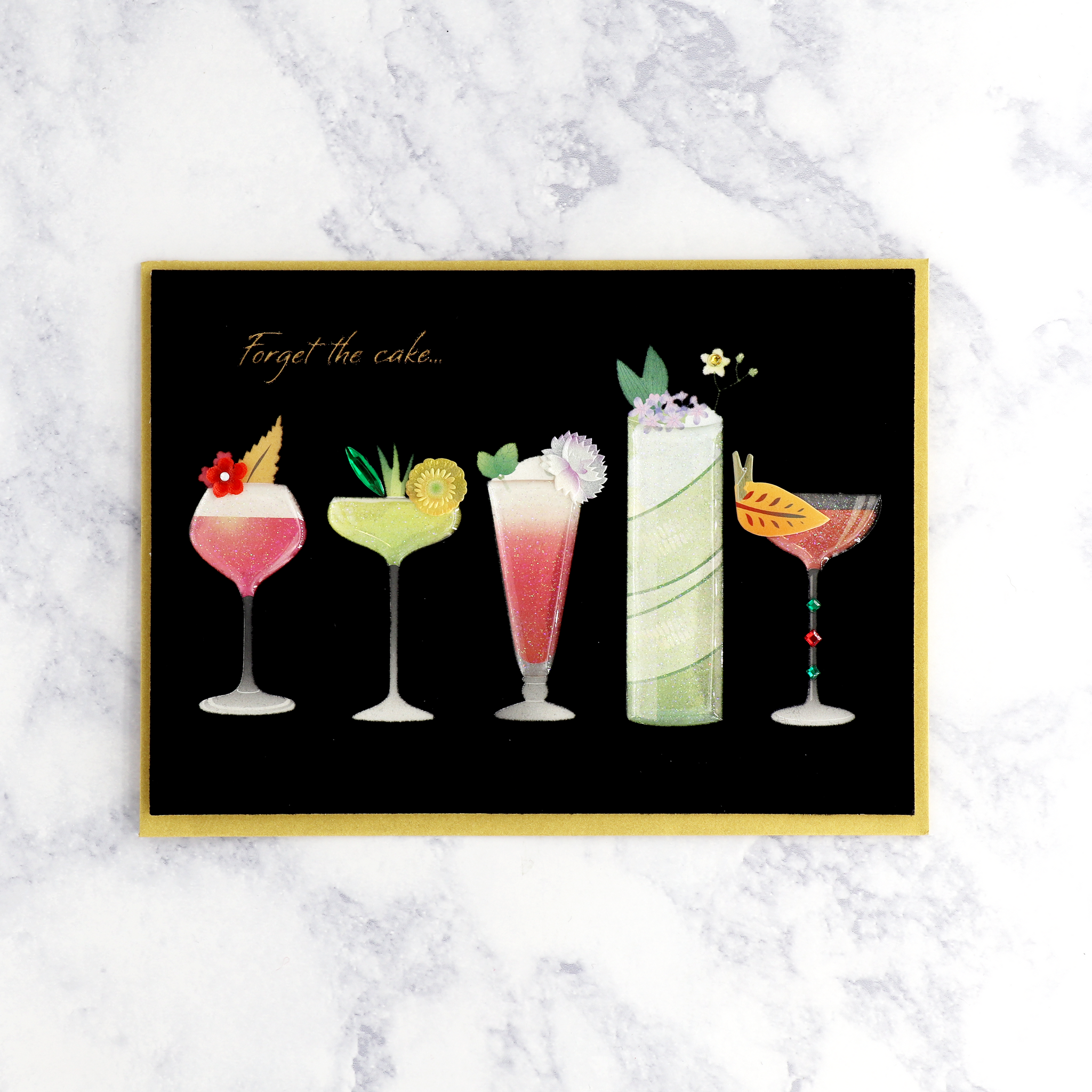 Flocked Row Of Cocktails Birthday Card