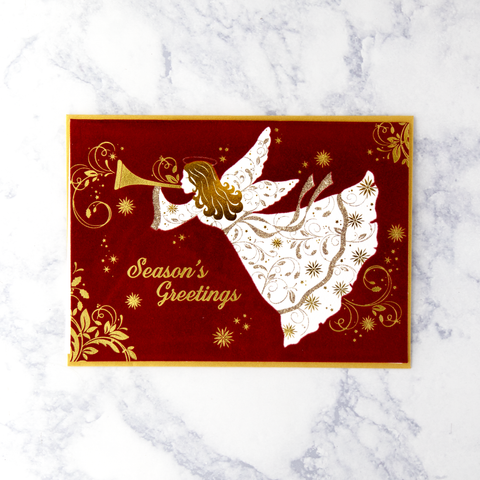 Flocking Angel On Burgundy Christmas Card