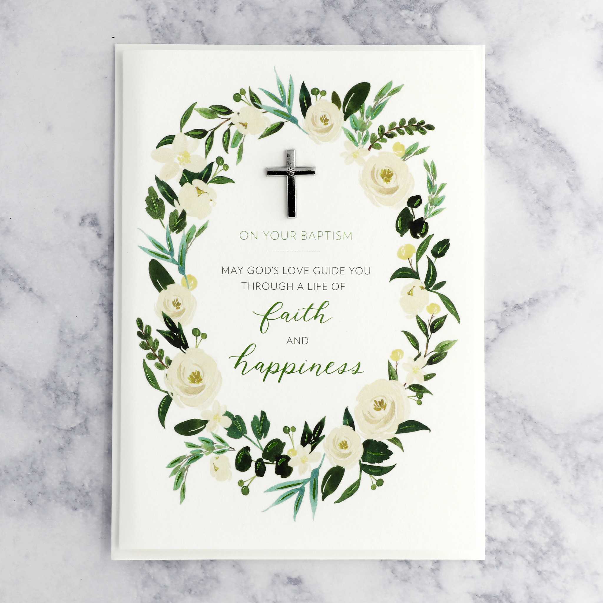 Foliage With Charm Baptism Card