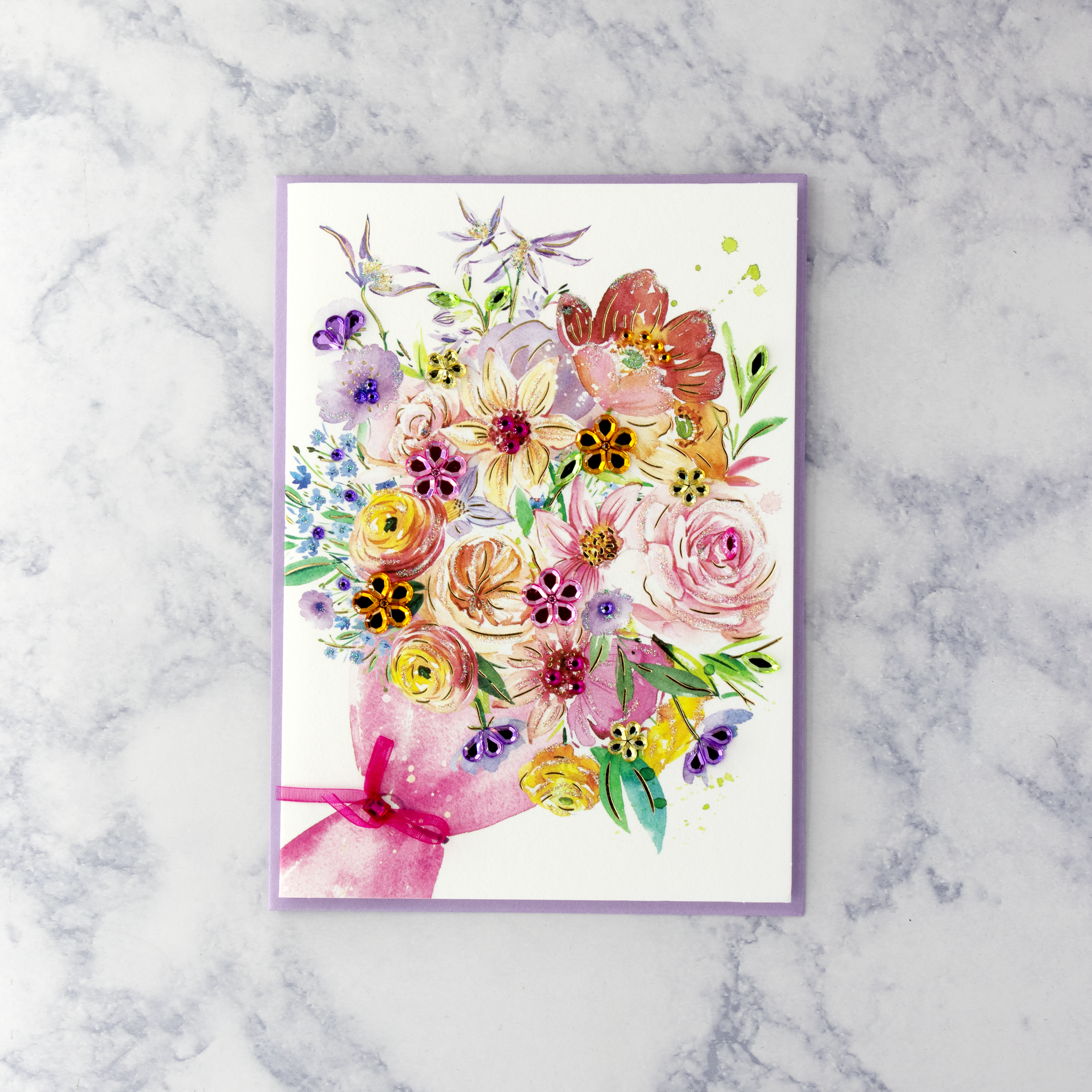 Gemmed Floral Bouquet Birthday Card