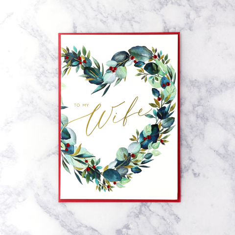 Embossed Greenery & Berries Heart Holiday Card (Wife)