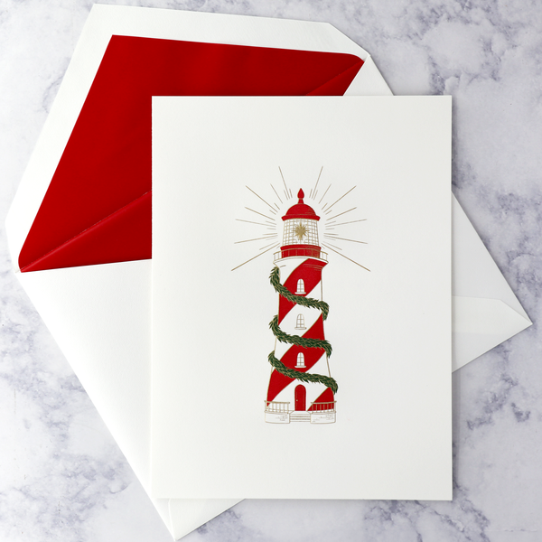 Hand Engraved Candy Cane Lighthouse Holiday Boxed Cards (Set of 10)