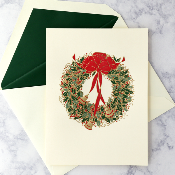 Hand Engraved Holly Wreath With Bells Holiday Boxed Notes (Set of 10)