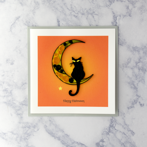 Handmade Black Cat & Moon Quilling Halloween Card