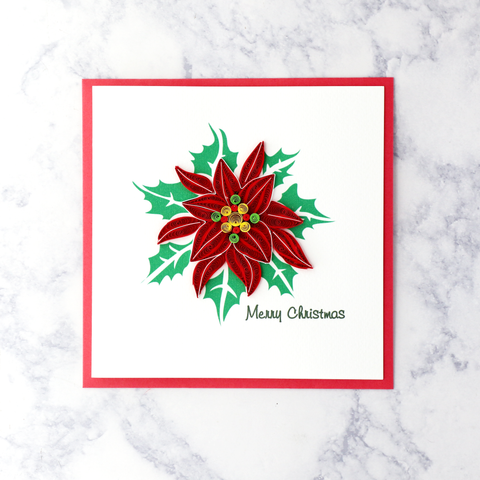 Handmade Poinsettia & Holly Quilling Christmas Card