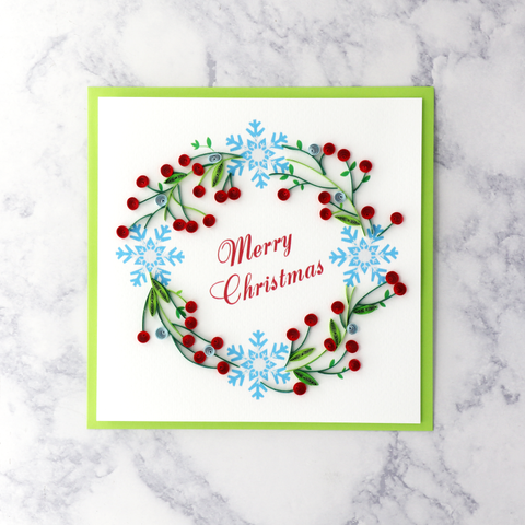 Handmade Snowflake Berry Wreath Quilling Christmas Card