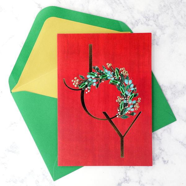 Handmade "Joy" Wreath Holiday Boxed Cards (Set of 8)
