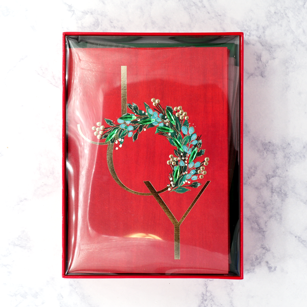 Handmade "Joy" Wreath Holiday Boxed Cards (Set of 8)