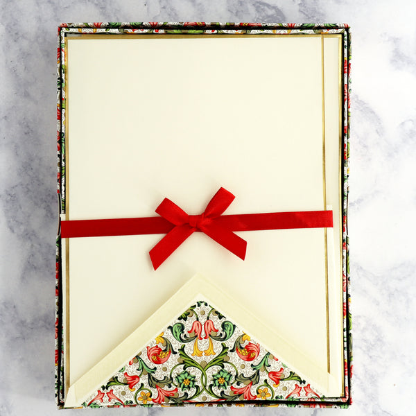 Traditional Green Floral Florentine Sheets on Ecruwhite Boxed Notes (Set of 10)