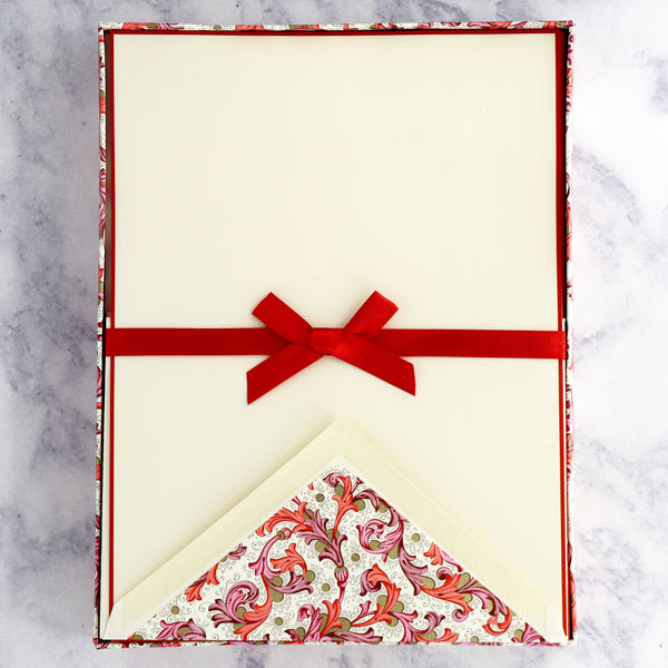 Traditional Red Floral Florentine Sheets on Ecruwhite Boxed Notes (Set of 10)