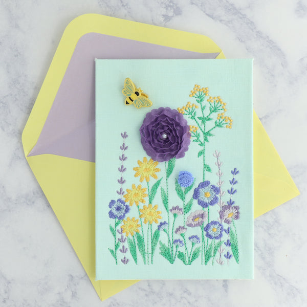 Embroidered Flowers With Wearable Bee Pin Mother's Day Card