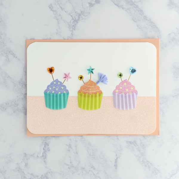Handmade Three Floral Cupcakes Birthday Card