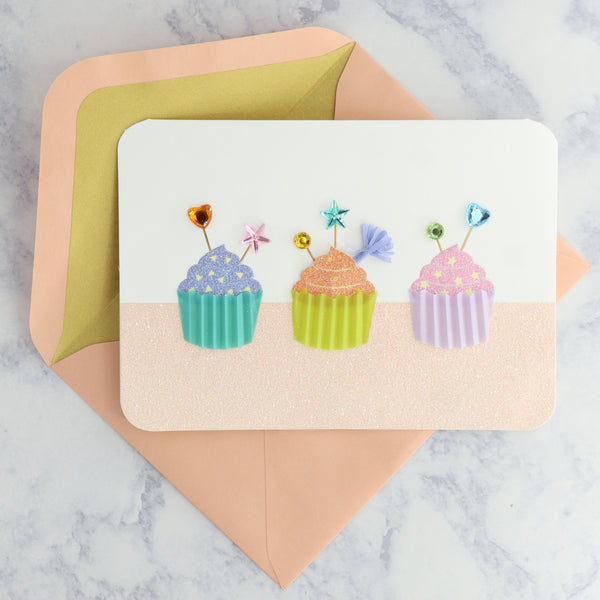 Handmade Three Floral Cupcakes Birthday Card