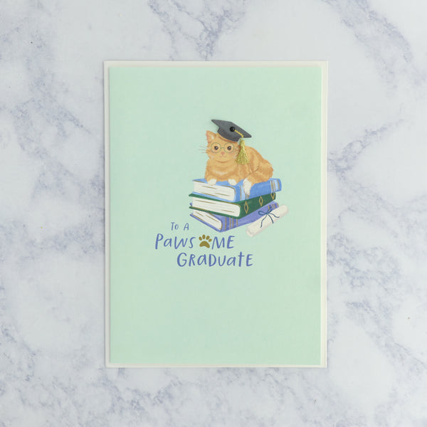 Graduate Kitty Cat on Books Graduation Card