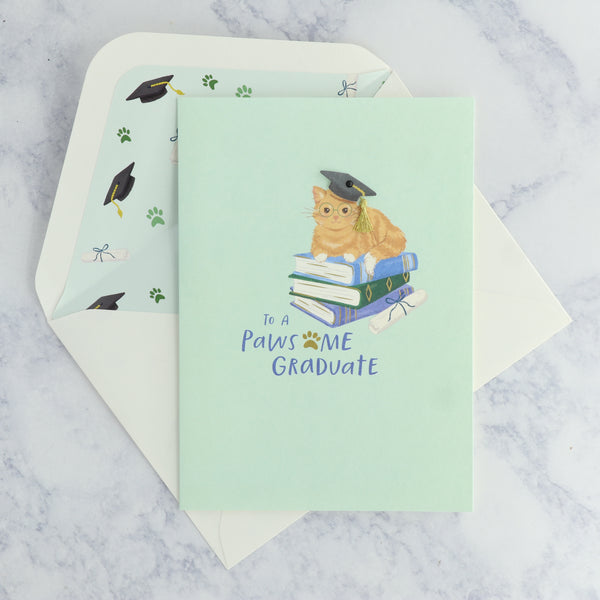 Graduate Kitty Cat on Books Graduation Card