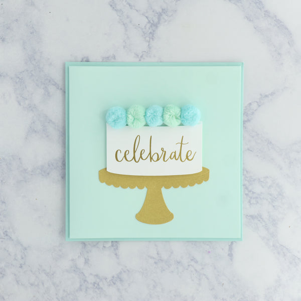 Mint Pom Pom Cake Birthday Card