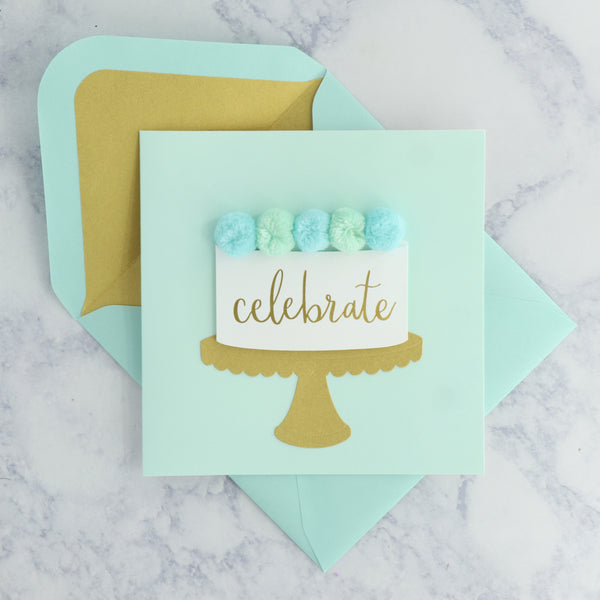 Mint Pom Pom Cake Birthday Card