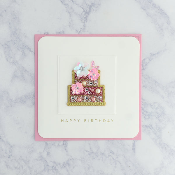 Beaded Applique Sparkling Floral Cake Birthday Card