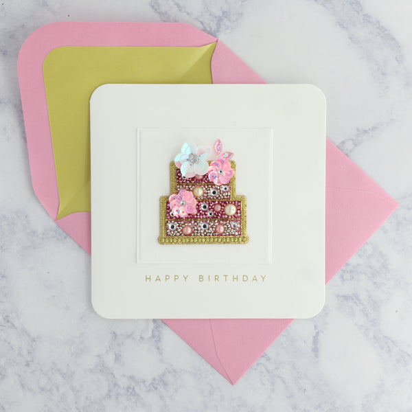 Beaded Applique Sparkling Floral Cake Birthday Card