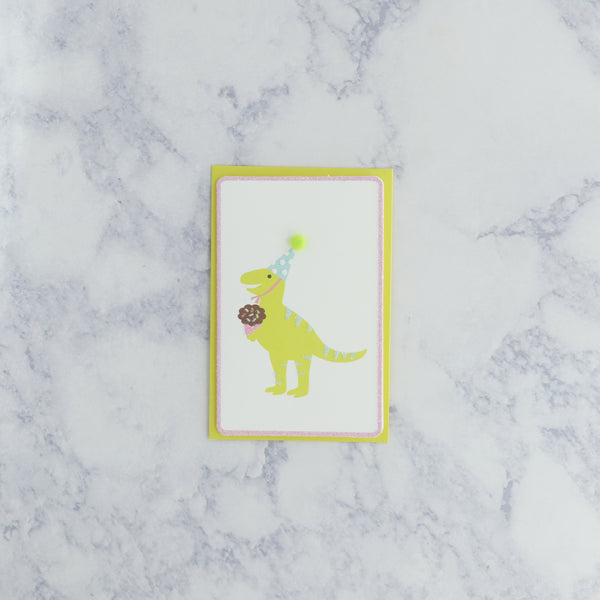 Mini Yellow Dinosaur With Pom Pom Hat Birthday Card