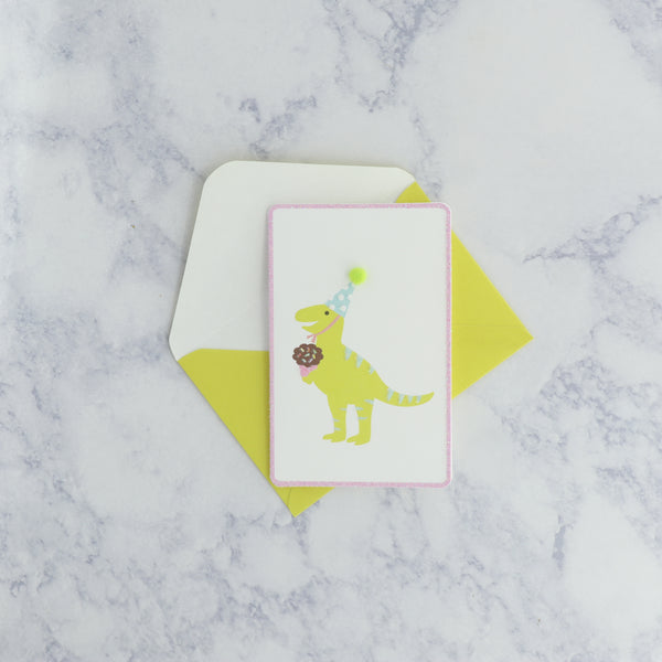 Mini Yellow Dinosaur With Pom Pom Hat Birthday Card