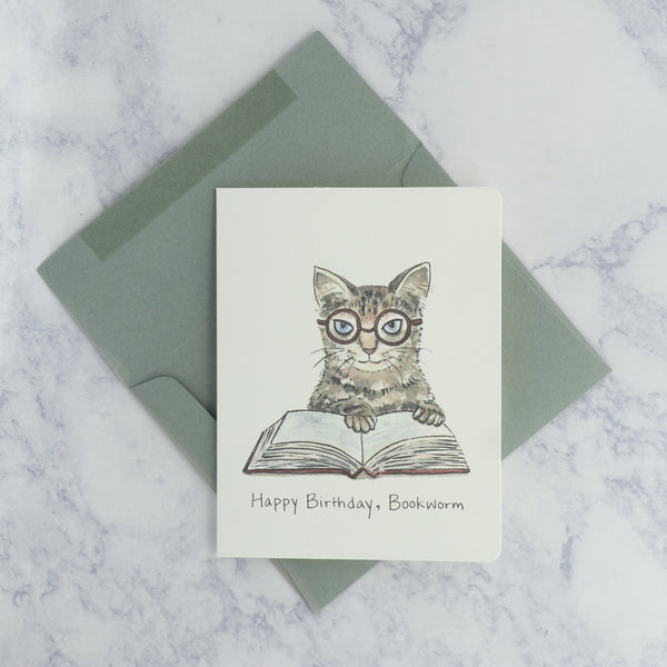 Bookworm Cat Birthday Card