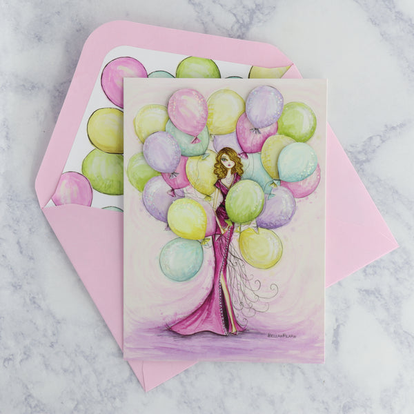 Girl With Balloons Birthday Card