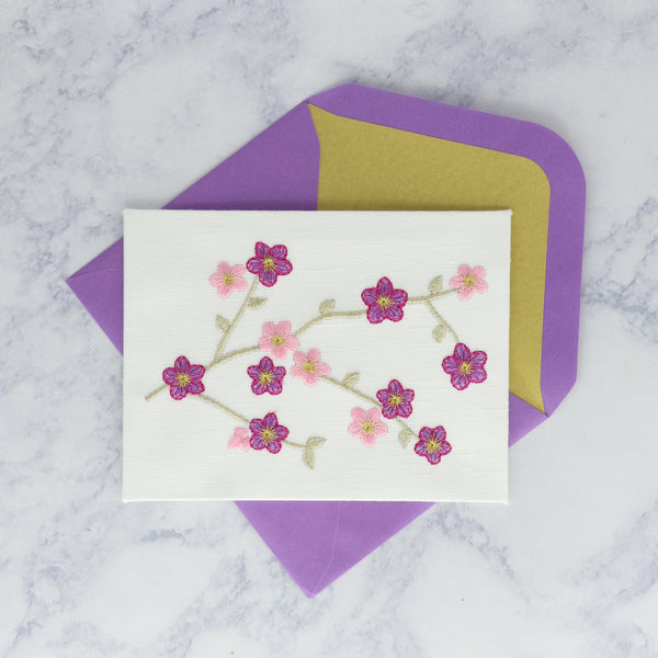 Handmade Embroidered Cherry Blossoms Blank Card