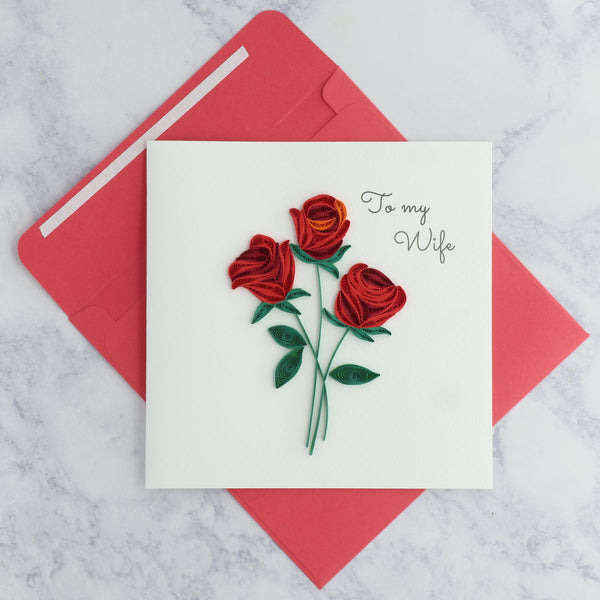 Handmade Red Roses Quilling Birthday Card (Wife)