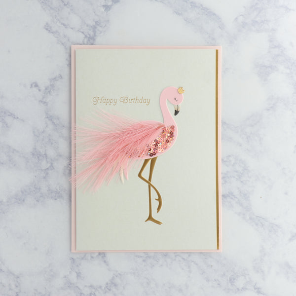 Flamingo Sequin With Feather Birthday Card