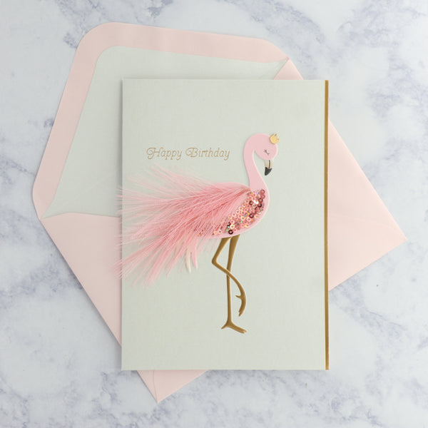 Flamingo Sequin With Feather Birthday Card