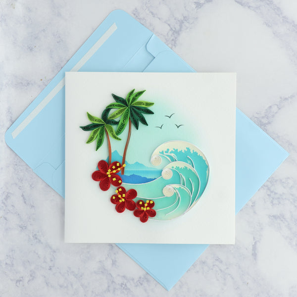 Handmade Ocean Waves & Palm Tree Quilling Blank Card