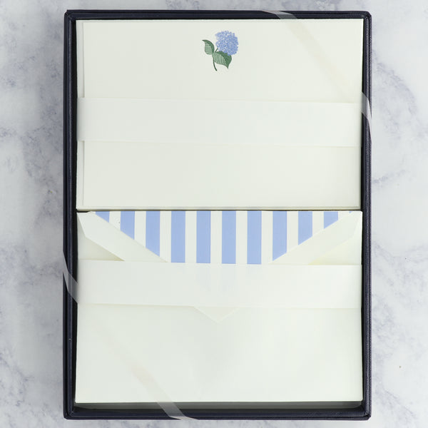 Engraved Blue Hydrangea on Pearl White Boxed Cards (Set of 25)