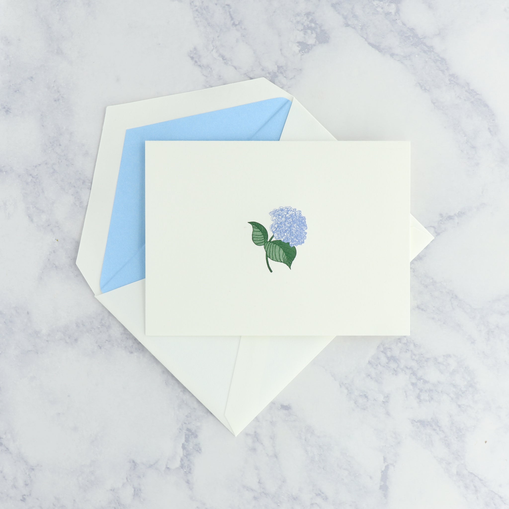 Hand Engraved Blue Hydrangea on Pearl White Boxed Notes (Set of 25