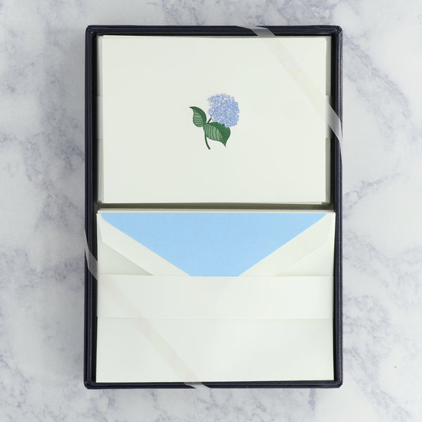 Hand Engraved Blue Hydrangea on Pearl White Boxed Notes (Set of 25)