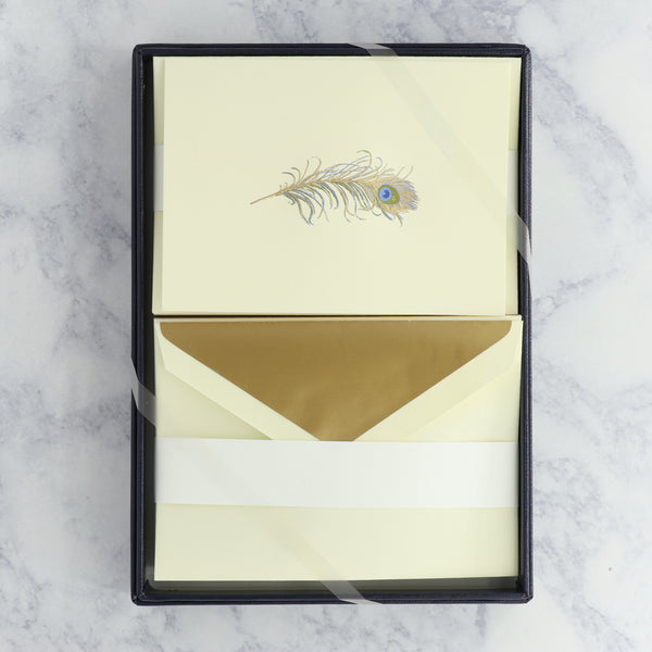 Hand Engraved Peacock Feather on Ecruwhite Boxed Notes (Set of 25)