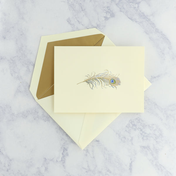 Hand Engraved Peacock Feather on Ecruwhite Boxed Notes (Set of 25)