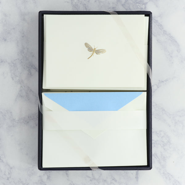 Hand Engraved Dragonfly on Pearl White Boxed Notes (Set of 25)