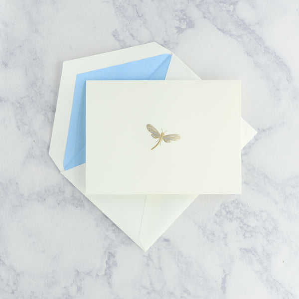 Hand Engraved Dragonfly on Pearl White Boxed Notes (Set of 25)