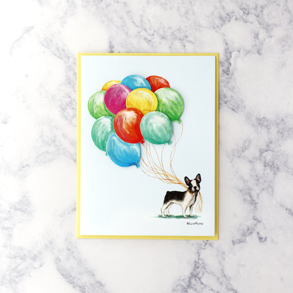 Illustrated French Bulldog With Balloon Bouquet Birthday Card